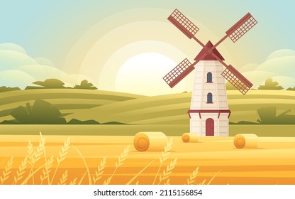 Rural landscape with hay bales and classic windmill sunny day agriculture farm field vector countryside background illustration