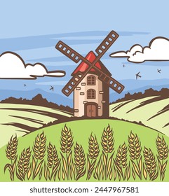 Rural landscape with hay bales and classic windmill sunny day agriculture farm field vector countryside background illustration.