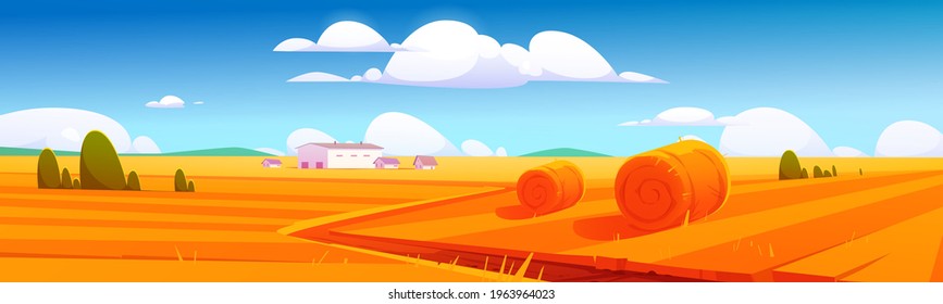 Rural landscape with hay bales on agriculture field and farm buildings. Vector cartoon illustration of countryside, farmland with round wheat straw rolls, yellow haystacks and barns