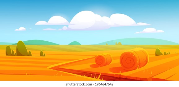 Rural landscape with hay bales on agriculture farm field. Vector cartoon illustration of countryside, farmland with round wheat straw rolls, yellow haystacks and barns