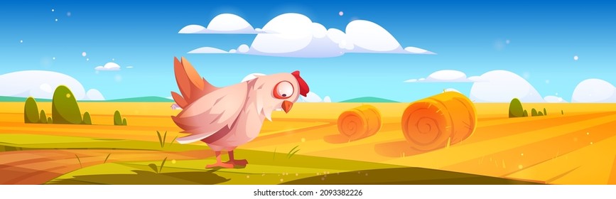 Rural landscape with hay bales on agriculture field and hen on green grass. Vector cartoon illustration of countryside, farmland with round wheat straw rolls, yellow haystacks and chicken