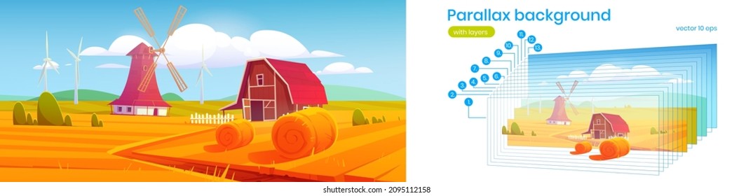 Rural landscape with hay bales on agriculture field, farm barn, windmill and wind turbines. Vector parallax background for 2d animation with cartoon illustration of countryside, farmland