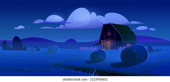 Rural Landscape With Hay Bales On Agriculture Field And Farm Barn At Night. Vector Cartoon Illustration Of Countryside, Farmland With Round Wheat Straw Rolls And Granary