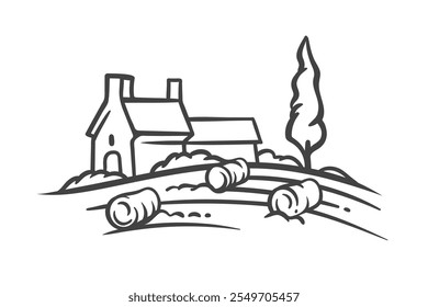 Rural landscape with hay bales on field, farm house line icon. Outline hand drawn autumn scenery with circle haystacks, farm barn. Wheat crop mascot, agricultural scene icon vector illustration