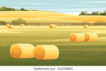 Rural landscape with hay bales sunny day agriculture farm field vector countryside background illustration