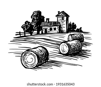 Rural landscape with hay bales. Wheat field and farm. Countryside scenery. Ink sketch isolated on white background. Hand drawn vector illustration. Retro style.