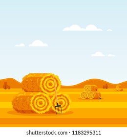 Rural landscape with haystacks, forks on fields. Flat dried haystack with hayfork. Farming haymow bale hayloft vetor illustration.