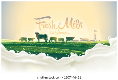 Rural landscape with herd cows and a splash of milk in the foreground. Vector illustration.