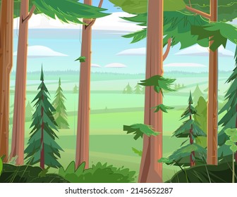 Rural landscape. Hills of farm fields and gardens. Beautiful pine forest. Wild floral landscape. Illustration in cartoon style flat design. Vector.