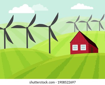 Rural landscape. Hills, fields, a cottage, and windmills. Cartoon style. Vector illustration. 