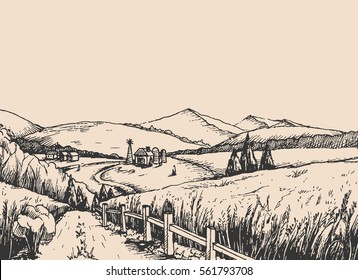 Rural landscape with hills, in the graphic style, illustration is hand-drawn. illustration for your application , project