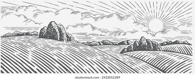 Rural landscape with hills, in the graphical style, illustration is hand-drawn.