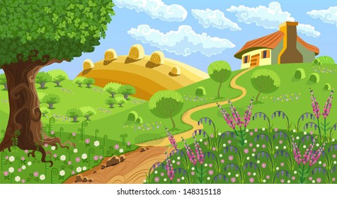 Rural landscape with hills, house, garden and hay