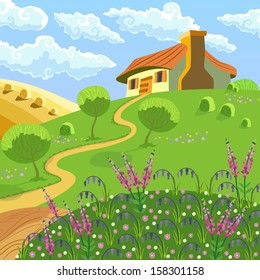 Rural landscape with hills, house, garden and hay
