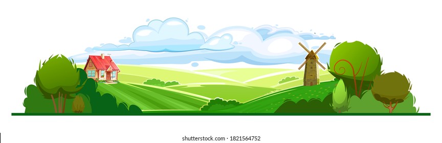 Rural landscape with hills. Isolated vector object on white background. Small house on a hill, cloudy sky, mill, shed and meadows, vegetable garden and trees. Cartoon flat style. Art