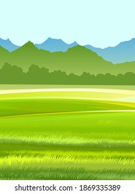 Rural landscape. Hills and meadows. Pastures and farmland. Beautiful nature view. The horizon is distant. Country farm land plot. Illustration. Vector