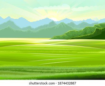 Rural landscape. Hills and meadows. Pastures and farmland. Beautiful nature view. The horizon is distant. Country farm land plot. Illustration. Vector