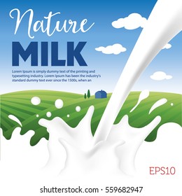 Rural landscape with hills, sky & clouds. Milk splash
