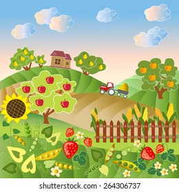 Rural landscape with hills, trees, plants, fence, house and tractor. Vector illustration. 