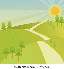Rural Landscape hills view with shining Sun 