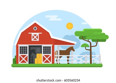 Rural landscape of horse breeding farm stable with horses in paddock. Traditional red barns on natural background. Horse stabling building banner with wooden horse stable and horses outdoors.