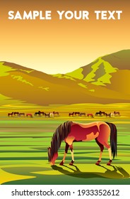 Rural landscape with horses, meadows, fields and hills in the background. Handmade drawing vector illustration. Flat design.