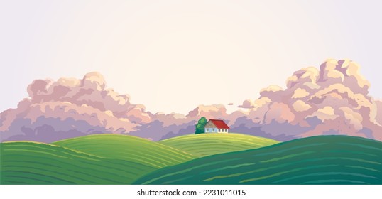 Rural landscape with house, and agriculture meadow in hills in the evening light, in the pre storm state of nature.