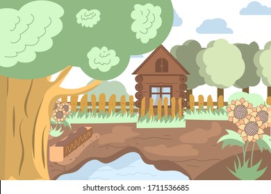Rural landscape. House, backyard, trees, Lake. Doodle style. Vector illustration