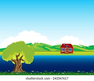 Rural landscape with house beside yard.Vector illustration