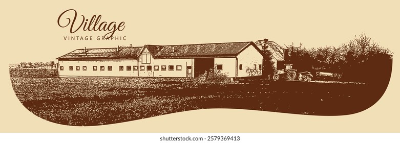 Paisaje rural con casa, campo y árboles. Pueblo y naturaleza. Gráficos Antiguas marrón y beige, grabados, Vector. Antiguo diseño retro.