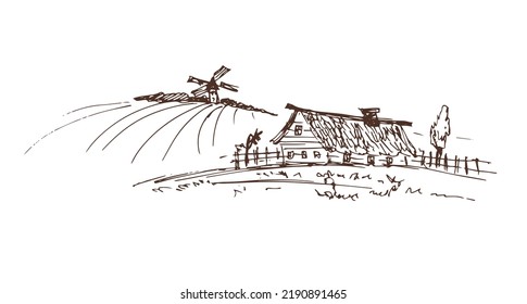 
Rural landscape with a house, fields and a windmill. Linear vector sketch.