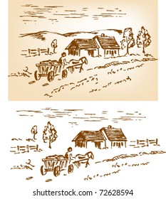 Rural Landscape With House, Horse And Cart. Rough Drawing Converted To Vectors. Ready To Change The Composition.