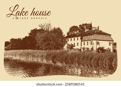 Rural landscape with house, lake and trees. Village and nature. Vintage brown and beige graphics, engraved, vector. Old retro design.	
