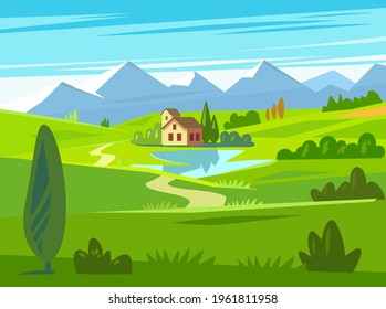 Rural landscape with house on green fields. Village vector