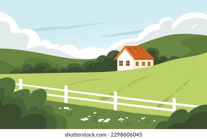 Paisaje rural con casa en verano. Ilustración vectorial plana.