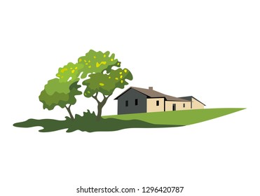 Rural landscape with house and tree. Concept country house vector illustration.