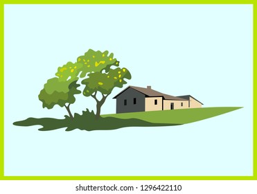 Rural landscape with house and tree. Concept country house vector illustration.