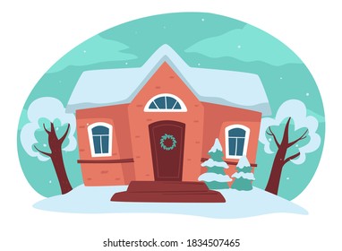 Rural landscape of house and trees covered with snow. Winter seasonal weather, building exterior and yard. Classic architecture of village or countryside. Tranquil wintry scenery vector in flat