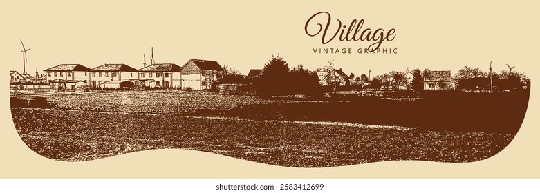 Rural landscape with houses, field and trees. Village and nature. Vintage brown and beige graphics, engraved, vector. Old retro design.