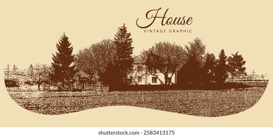 Rural landscape with houses, field and trees. Village and nature. Vintage brown and beige graphics, engraved, vector. Old retro design.