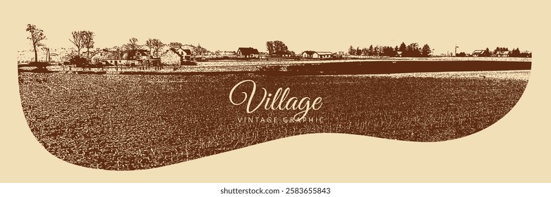 Rural landscape with houses, field and trees. Village and nature. Vintage brown and beige graphics, engraved, vector. Old retro design.