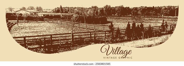 Paisagem rural com casas, campos e árvores. Aldeia e natureza. Gráficos castanho e bege vintage, gravados, vetor. Projeto retrô antigo.