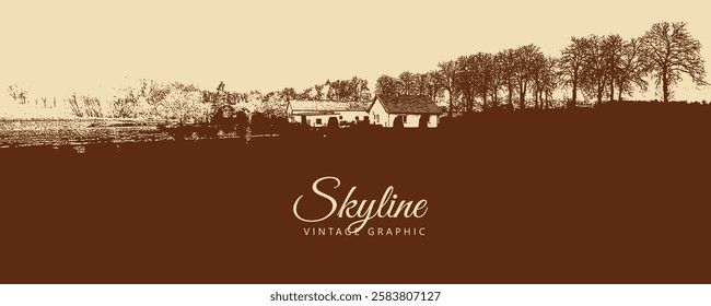 Rural landscape with houses, field and trees. Village and nature. Vintage brown and beige graphics, engraved, vector. Old retro design.