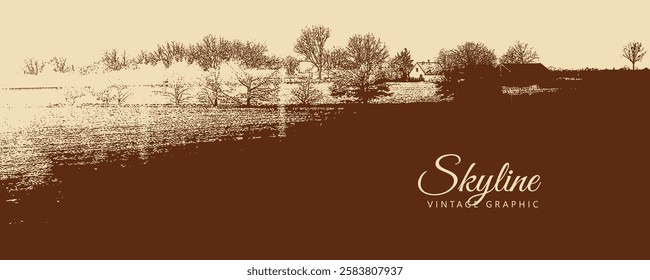 Rural landscape with houses, field and trees. Village and nature. Vintage brown and beige graphics, engraved, vector. Old retro design.