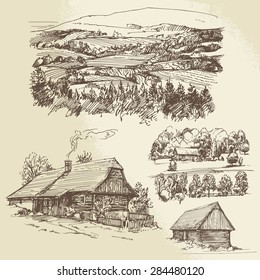 rural landscape and houses - hand drawn collection