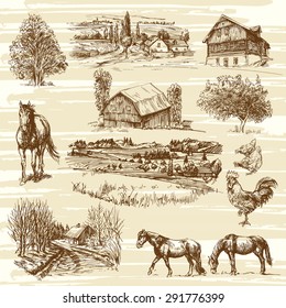 rural landscape and houses - hand drawn collection