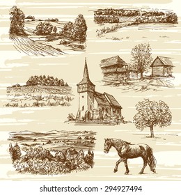 rural landscape and houses - hand drawn collection