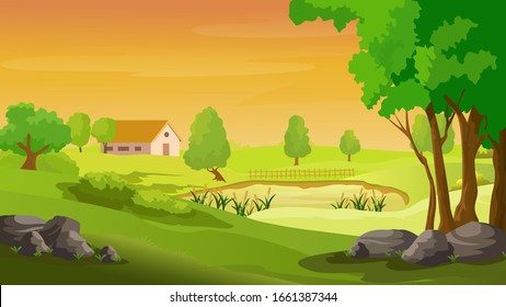 Rural landscape with the houses and mountains and hills, vector illustration.