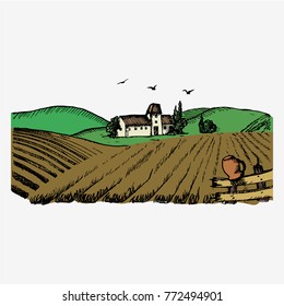Rural landscape with houses. Plowed field. Hand drawn vector stock illustration.