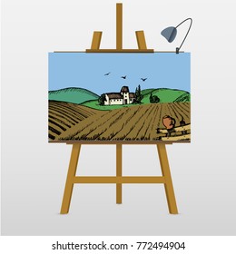 Rural landscape with houses. Plowed field. Hand drawn vector stock illustration.